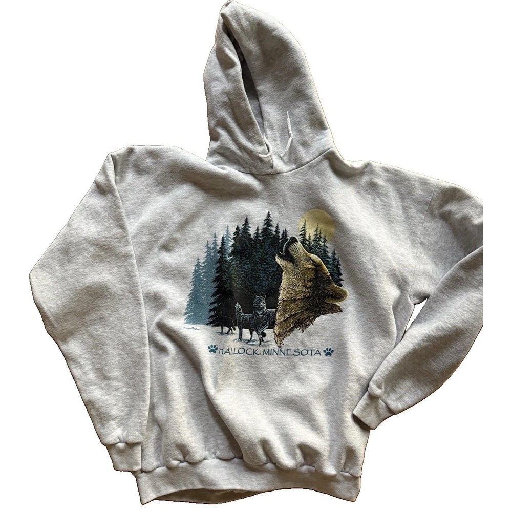 Vtg 90s Ohiopyle Prints Hallock Minnesota Wolf Moon Hoodie USA Made XL